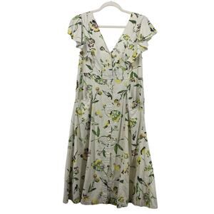 Tanya Taylor Size 8 Inez Dress Linen Blend Floral‎ Ruffle Flutter Sleeves Cream